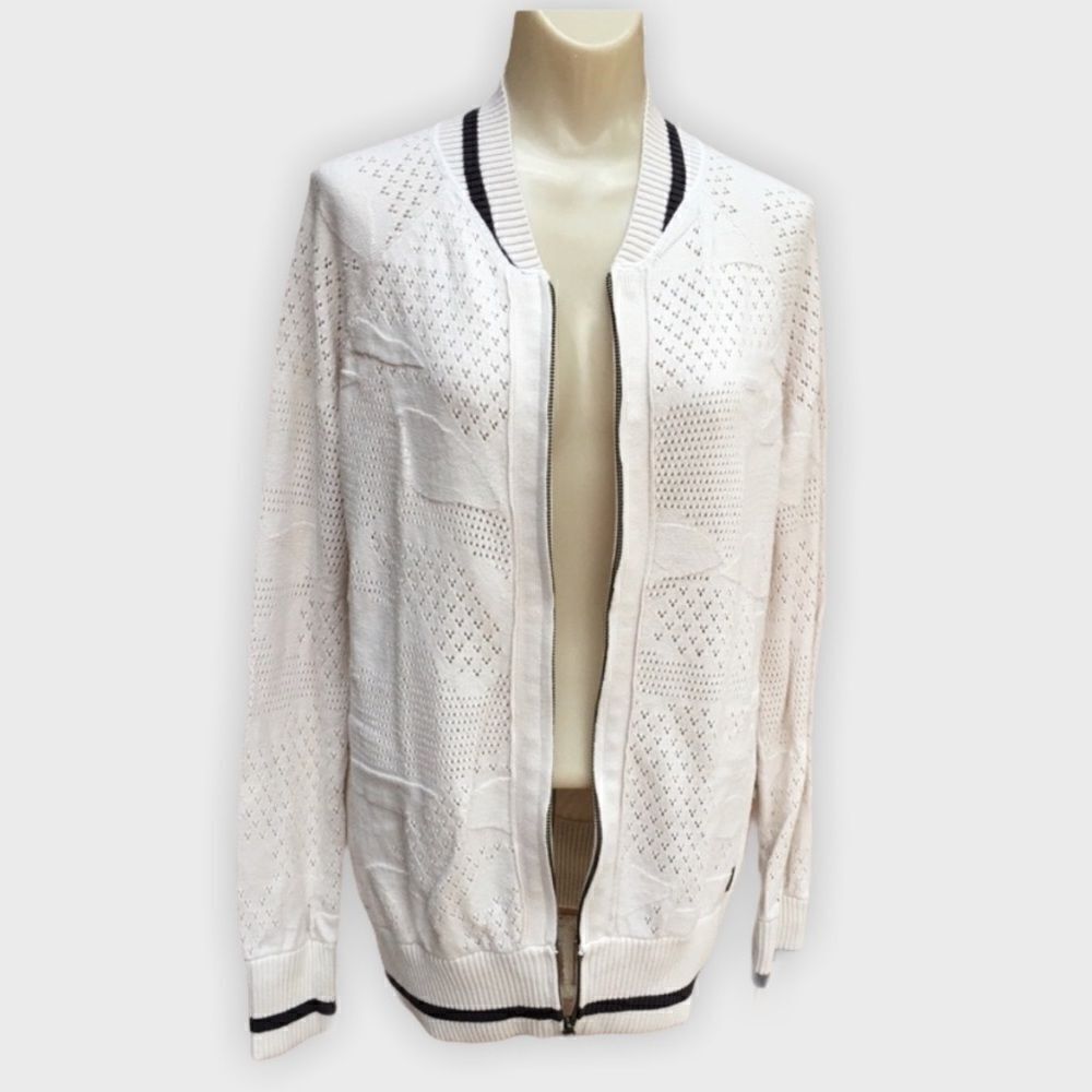 Element Eden Patterned Pointelle Knit Ribbed Knit Trim Full Front Zip Cardigan - Picture 4 of 15